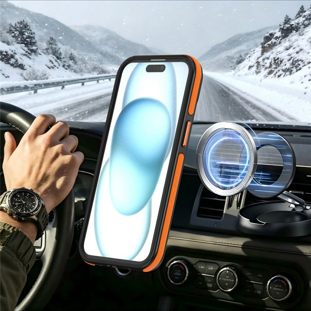 For iPhone 15 Magnetic Case Double Color Rotating Ring Kickstand PC + TPU Phone Cover