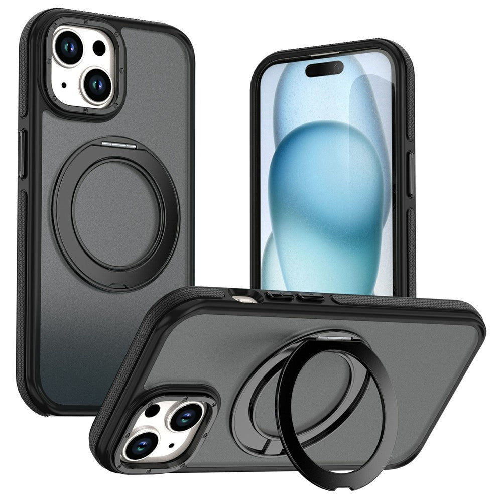 For iPhone 15 Magnetic Case Double Color Rotating Ring Kickstand PC + TPU Phone Cover
