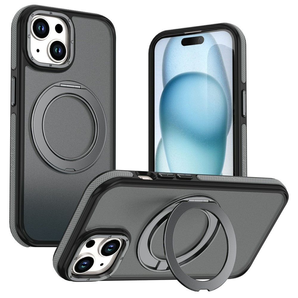For iPhone 15 Magnetic Case Double Color Rotating Ring Kickstand PC + TPU Phone Cover