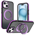 For iPhone 15 Magnetic Case Double Color Rotating Ring Kickstand PC + TPU Phone Cover
