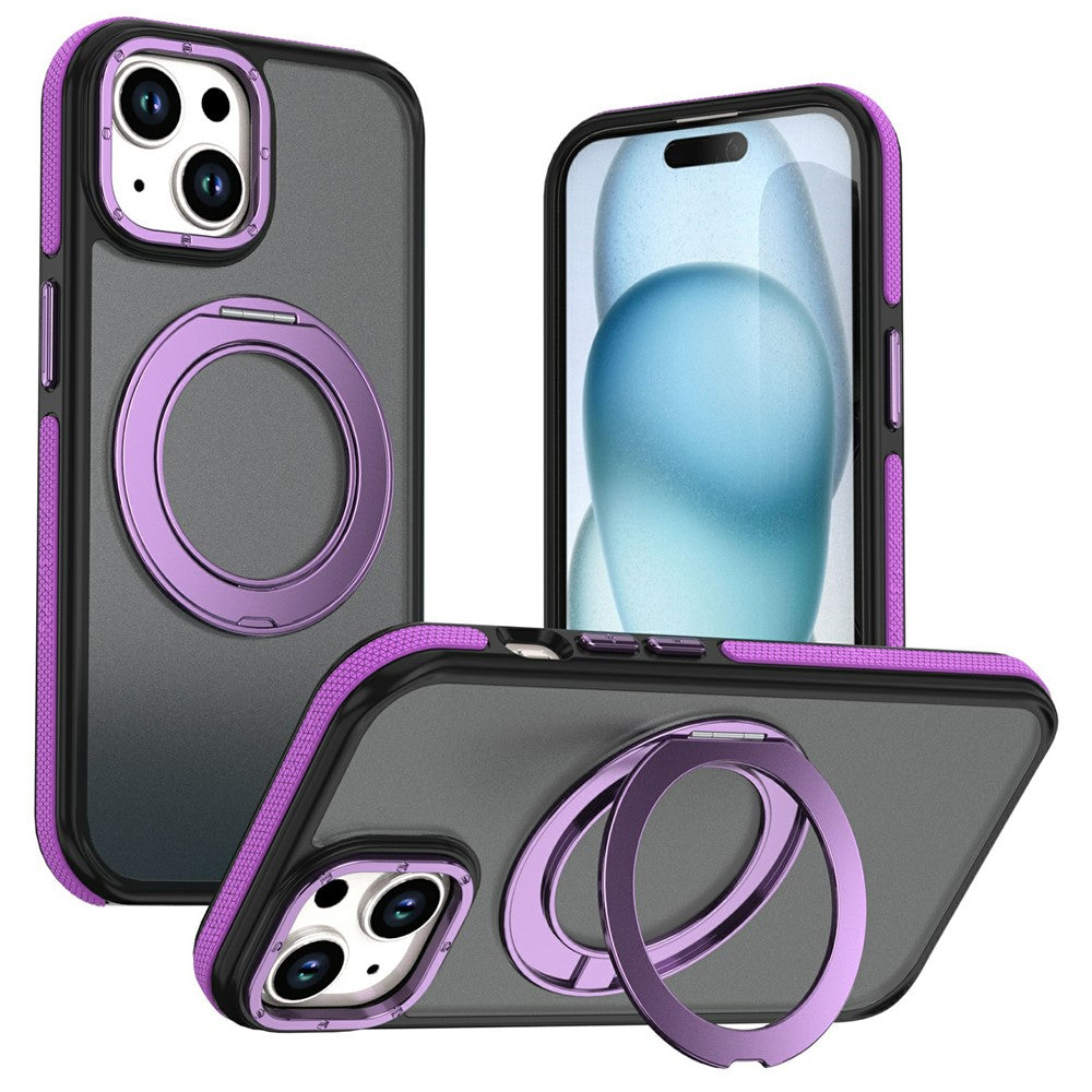 For iPhone 15 Magnetic Case Double Color Rotating Ring Kickstand PC + TPU Phone Cover