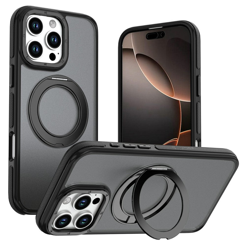 Magnetiskt skal för iPhone 16 Pro med dubbel färg, roterande ring, stöd och PC + TPU-mobilskal