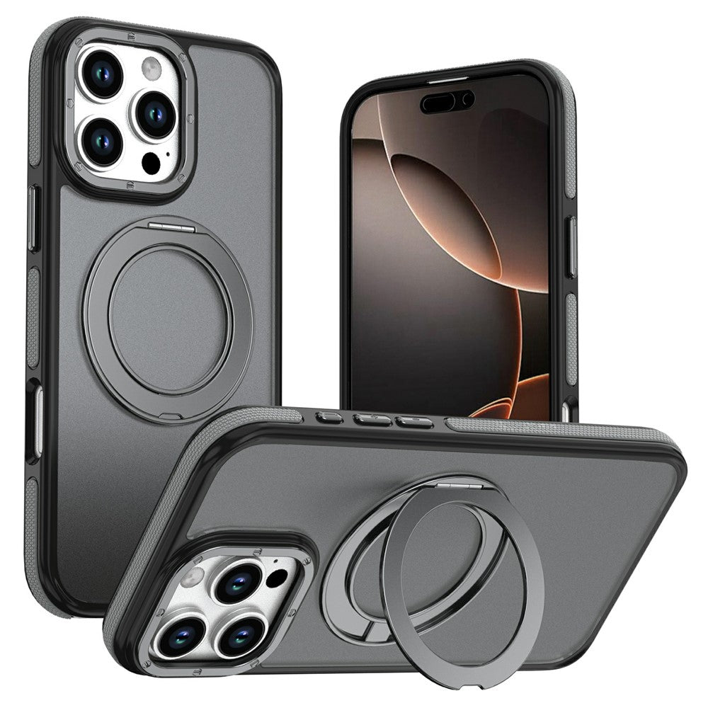 För iPhone 16 Pro Magnetiskt Skal Dubbelfärgad Roterande Ring Kickstand PC + TPU Mobilskal
