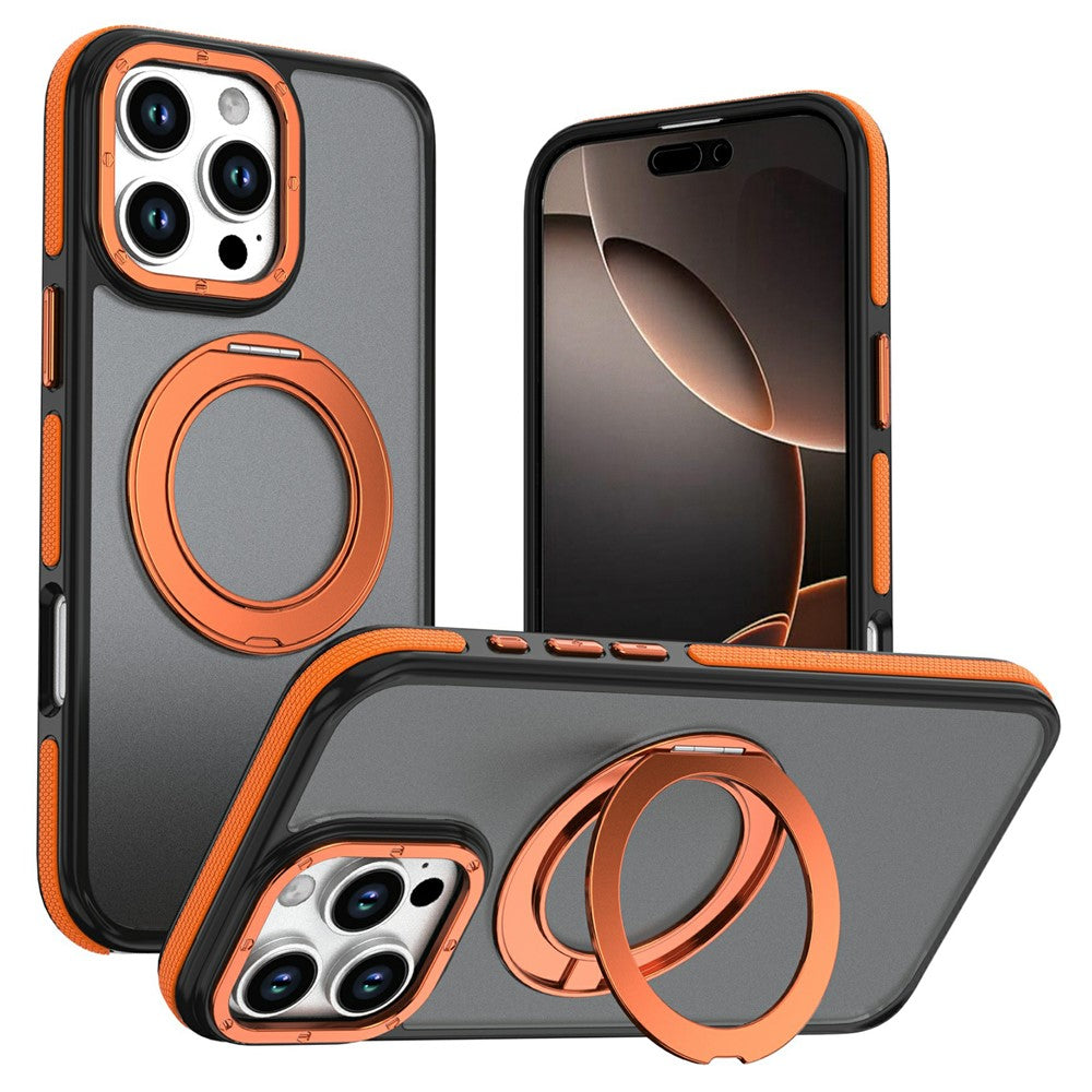 For iPhone 16 Pro Max Magnetic Case Double Color Rotating Ring Kickstand PC + TPU Phone Cover