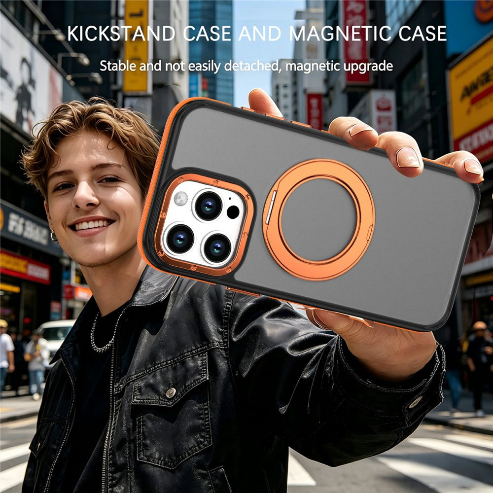 For iPhone 16 Pro Max Magnetic Case Double Color Rotating Ring Kickstand PC + TPU Phone Cover