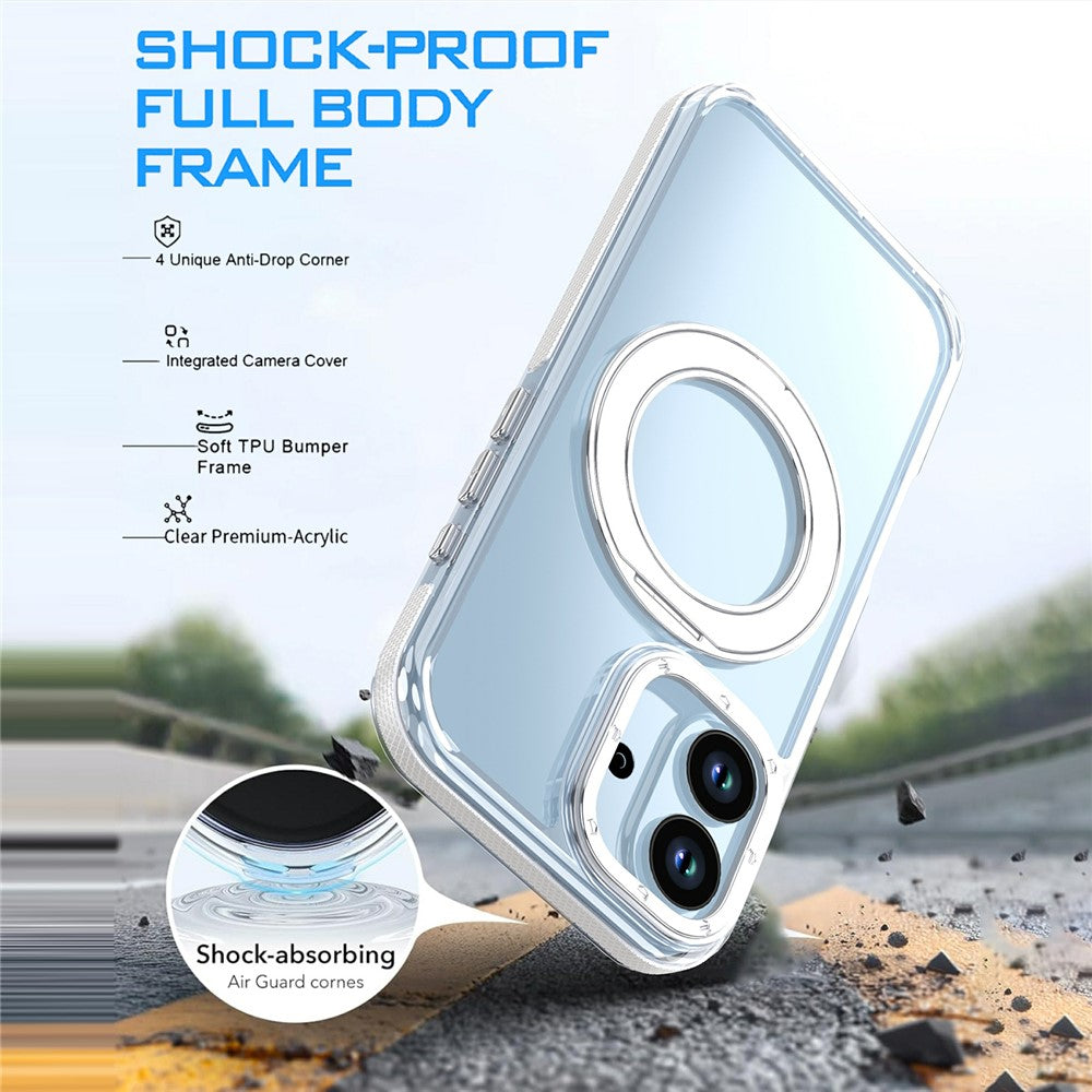 Til iPhone 17 Magnetisk Cover Drejelig Ring Stander Dobbeltfarvet Akryl + TPU Gennemsigtigt Telefoncover