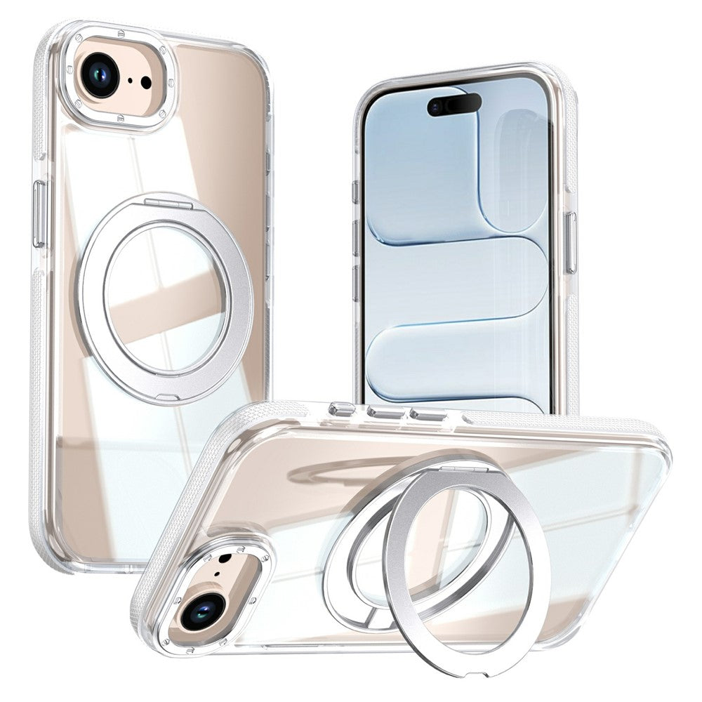 For iPhone 16th / 17th Magnetic Case Rotating Ring Kickstand Dual Color Acrylic + TPU Clear Phone Cover