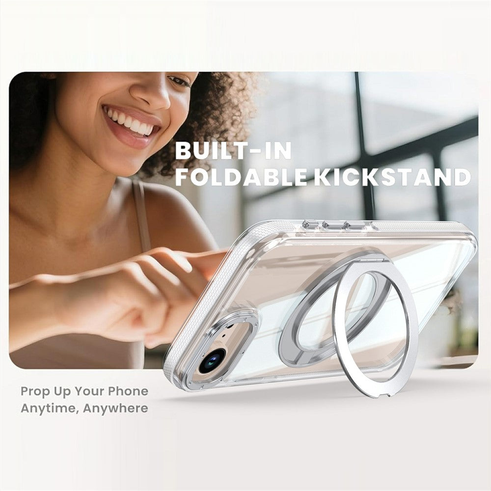 For iPhone 16th / 17th Magnetic Case Rotating Ring Kickstand Dual Color Acrylic + TPU Clear Phone Cover
