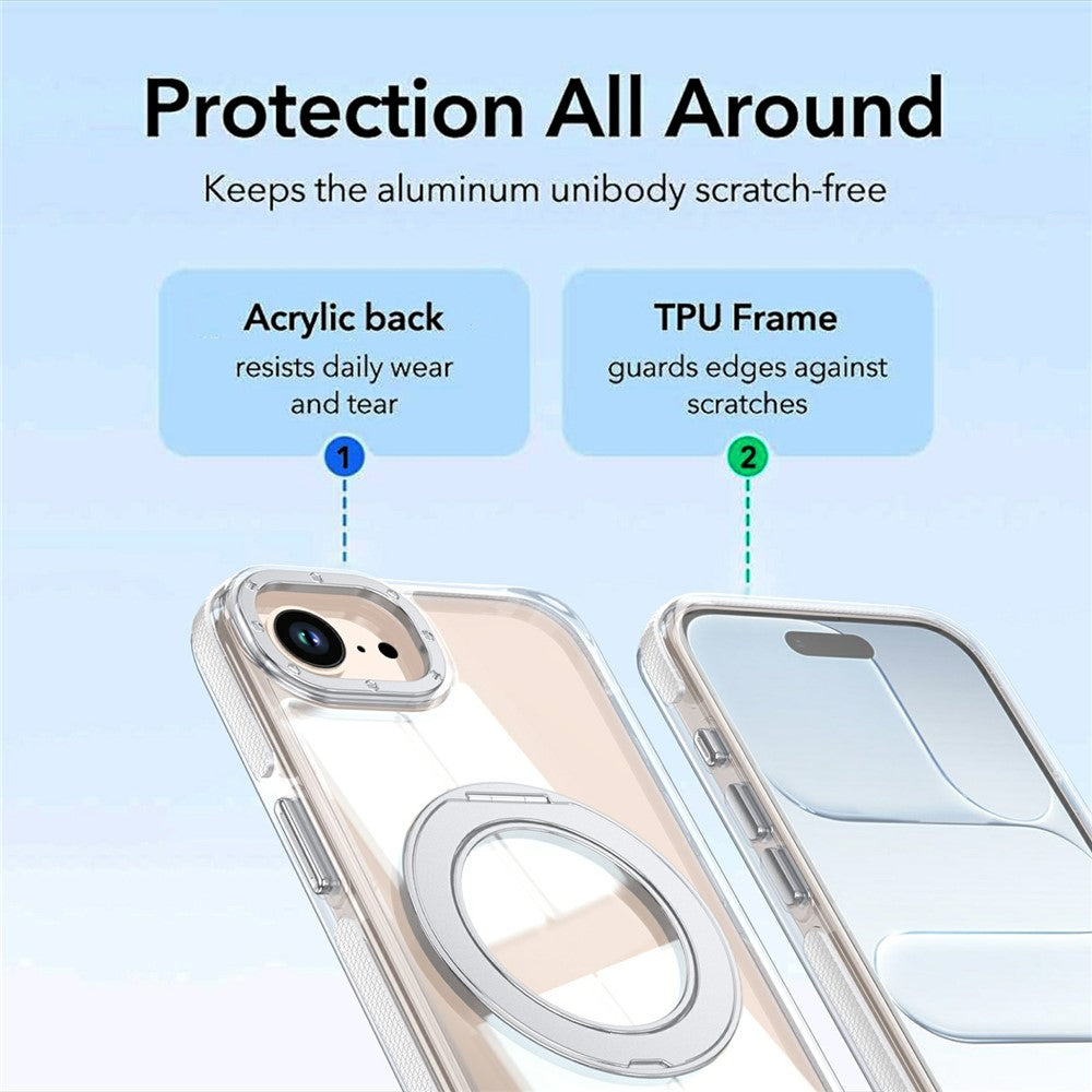 For iPhone 16th / 17th Magnetic Case Rotating Ring Kickstand Dual Color Acrylic + TPU Clear Phone Cover