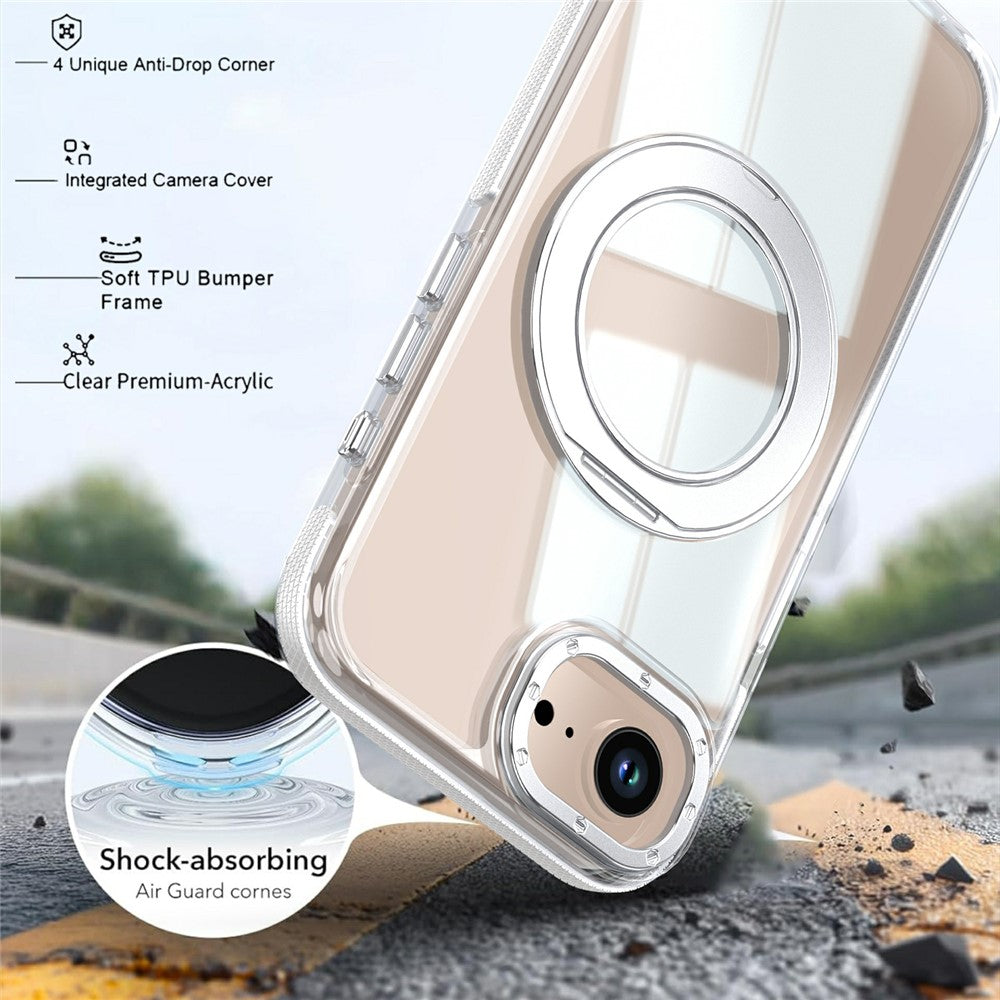 For iPhone 16th / 17th Magnetic Case Rotating Ring Kickstand Dual Color Acrylic + TPU Clear Phone Cover