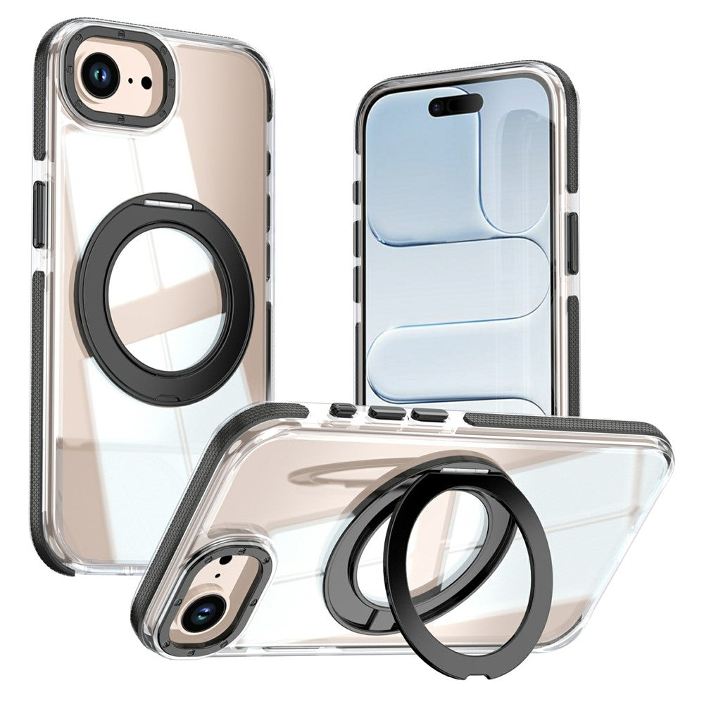 For iPhone 16th / 17th Magnetic Case Rotating Ring Kickstand Dual Color Acrylic + TPU Clear Phone Cover