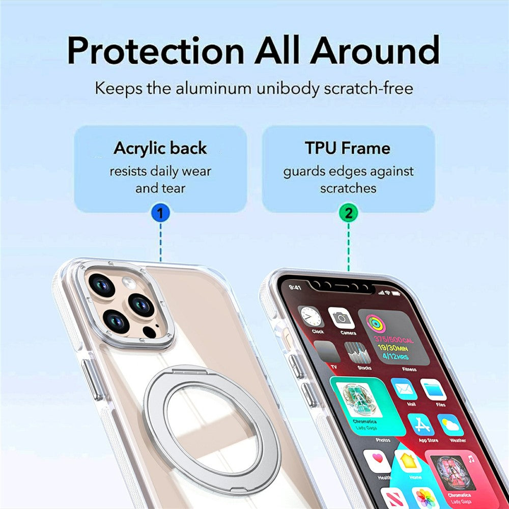 Til iPhone 12 / 12 Pro Magnetisk Cover Roterende Ring Støtteben Dual Farve Akryl + TPU Gennemsigtig Telefoncover