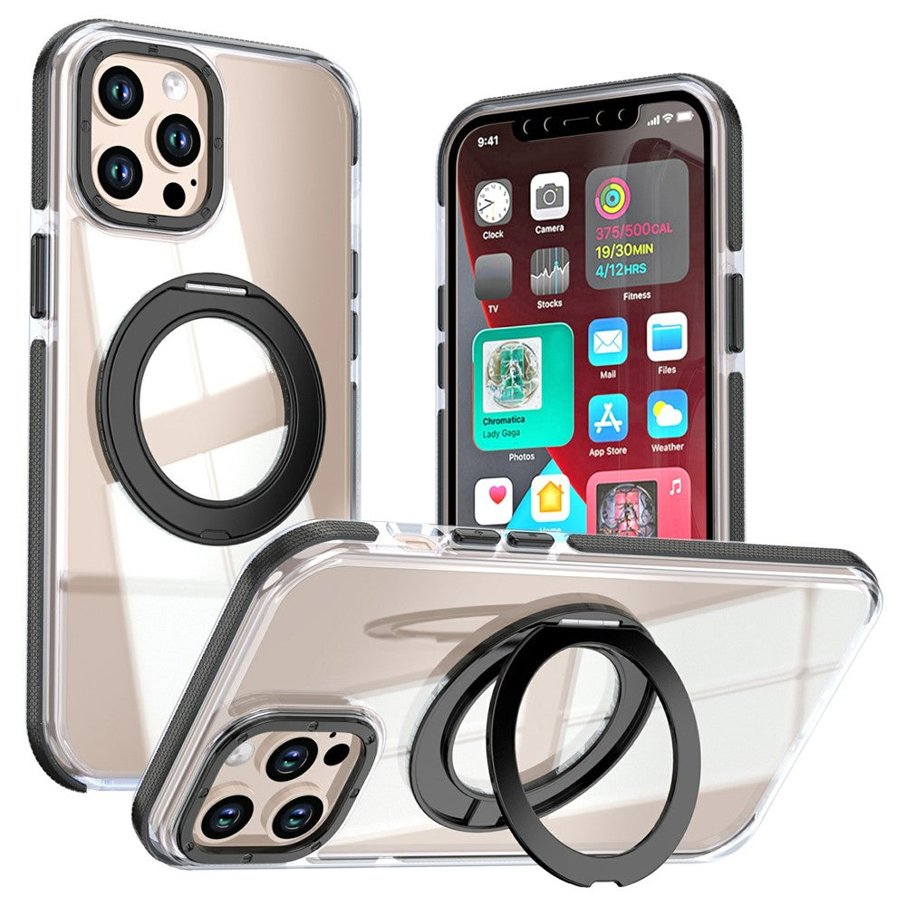 Til iPhone 12 / 12 Pro Magnetisk Cover Roterende Ring Støtteben Dual Farve Akryl + TPU Gennemsigtig Telefoncover