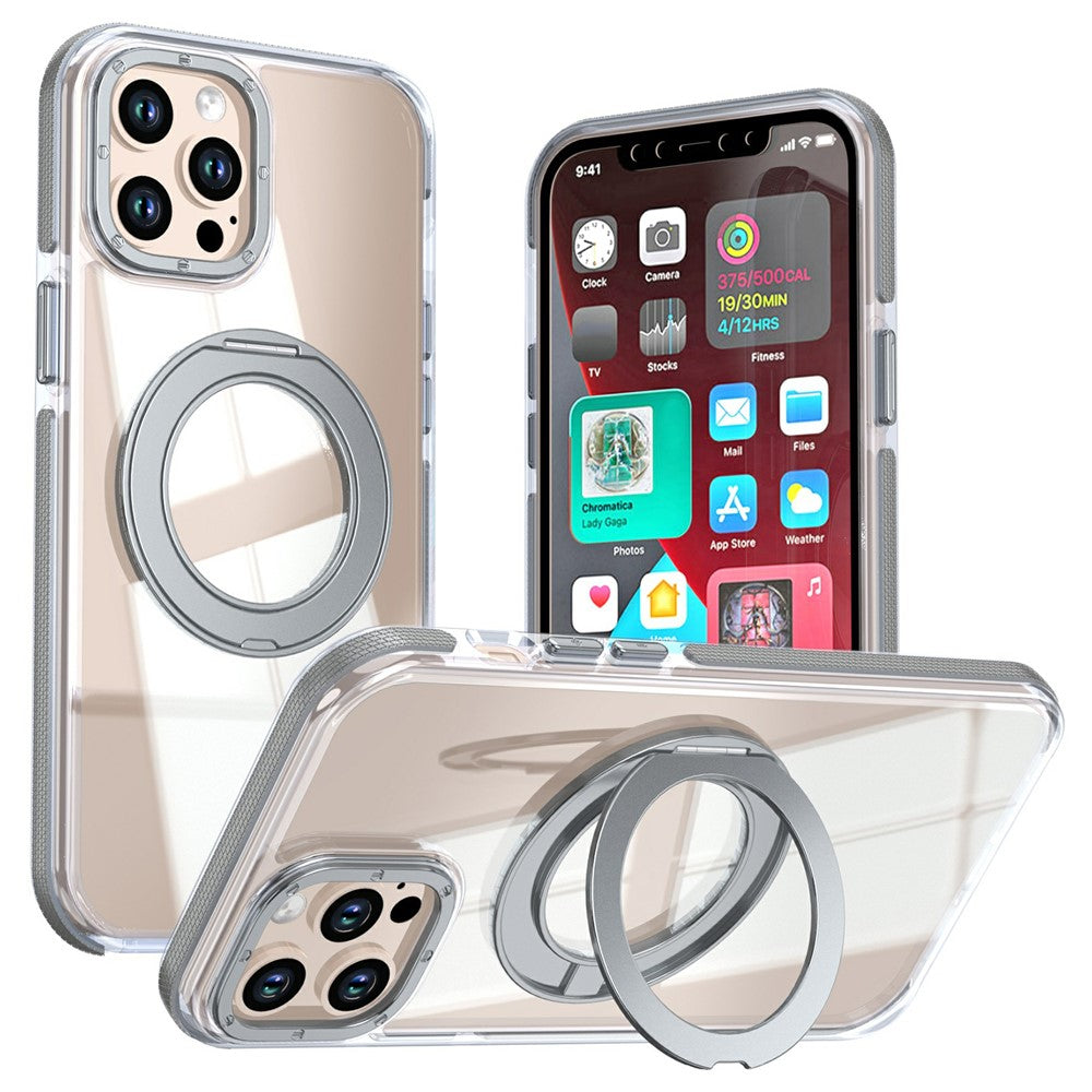 Til iPhone 12 / 12 Pro Magnetisk Cover Roterende Ring Støtteben Dual Farve Akryl + TPU Gennemsigtig Telefoncover