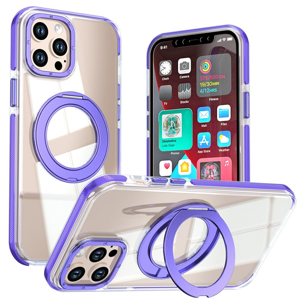Til iPhone 12 / 12 Pro Magnetisk Cover Roterende Ring Støtteben Dual Farve Akryl + TPU Gennemsigtig Telefoncover