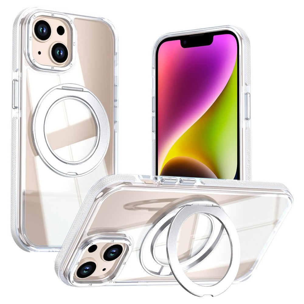 For iPhone 13 / 14 Magnetic Case Rotating Ring Kickstand Dual Color Acrylic + TPU Clear Phone Cover