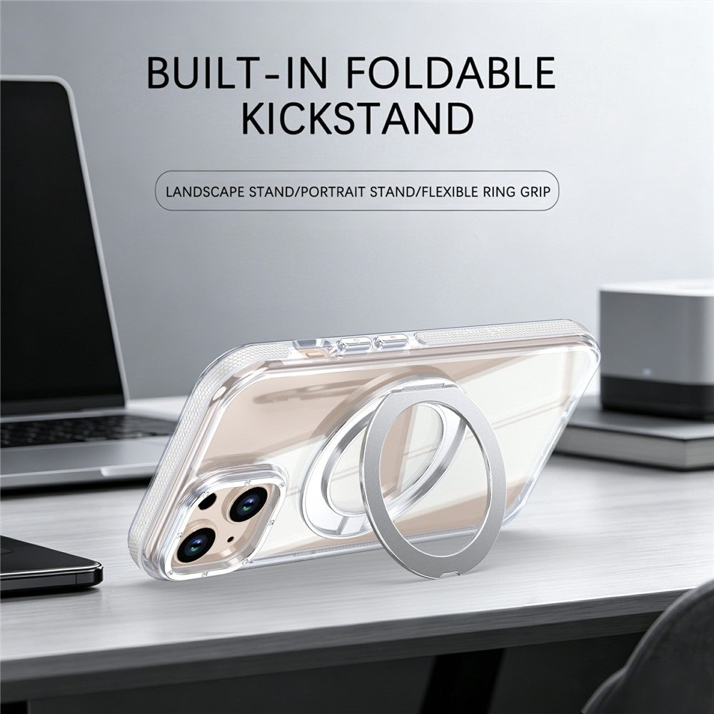 For iPhone 13 / 14 Magnetic Case Rotating Ring Kickstand Dual Color Acrylic + TPU Clear Phone Cover