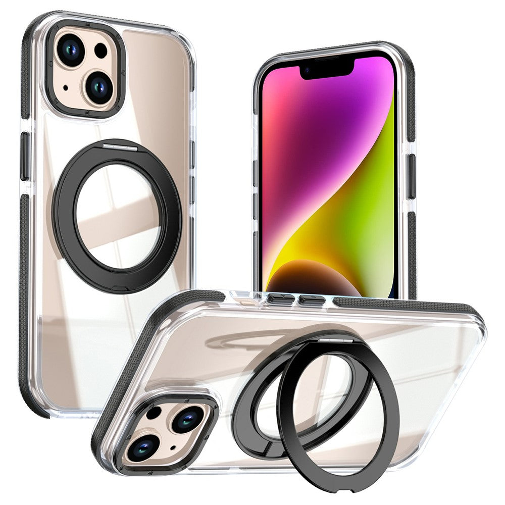 For iPhone 13 / 14 Magnetic Case Rotating Ring Kickstand Dual Color Acrylic + TPU Clear Phone Cover