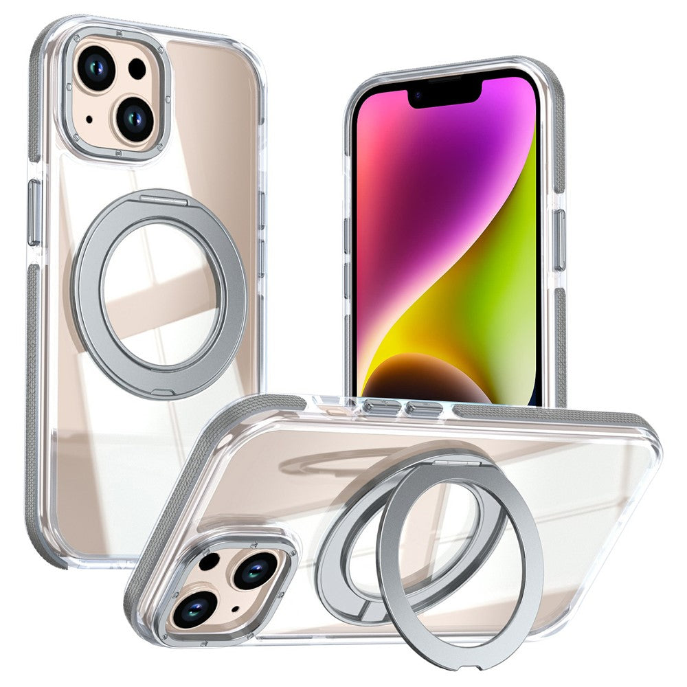 For iPhone 13 / 14 Magnetic Case Rotating Ring Kickstand Dual Color Acrylic + TPU Clear Phone Cover