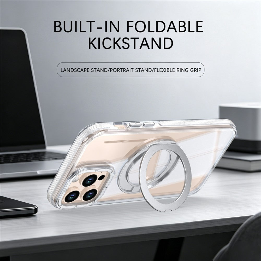 For iPhone 13 Pro Magnetic Case Rotating Ring Kickstand Dual Color Acrylic + TPU Clear Phone Cover