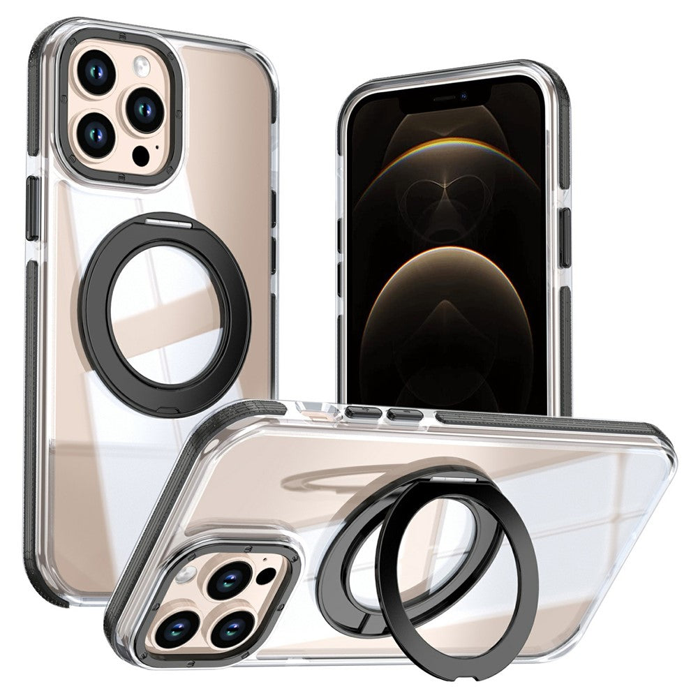 For iPhone 13 Pro Magnetic Case Rotating Ring Kickstand Dual Color Acrylic + TPU Clear Phone Cover
