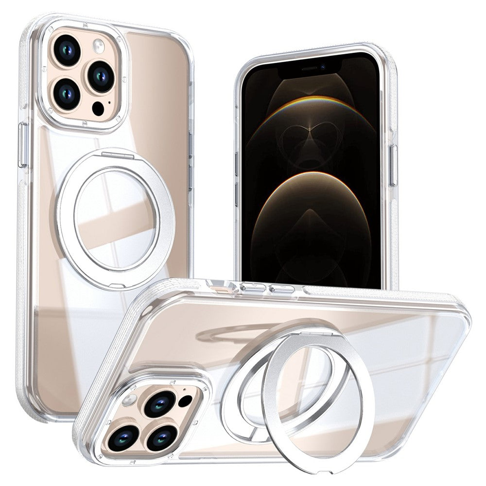 For iPhone 13 Pro Max Magnetic Case Rotating Ring Kickstand Dual Color Acrylic + TPU Clear Phone Cover