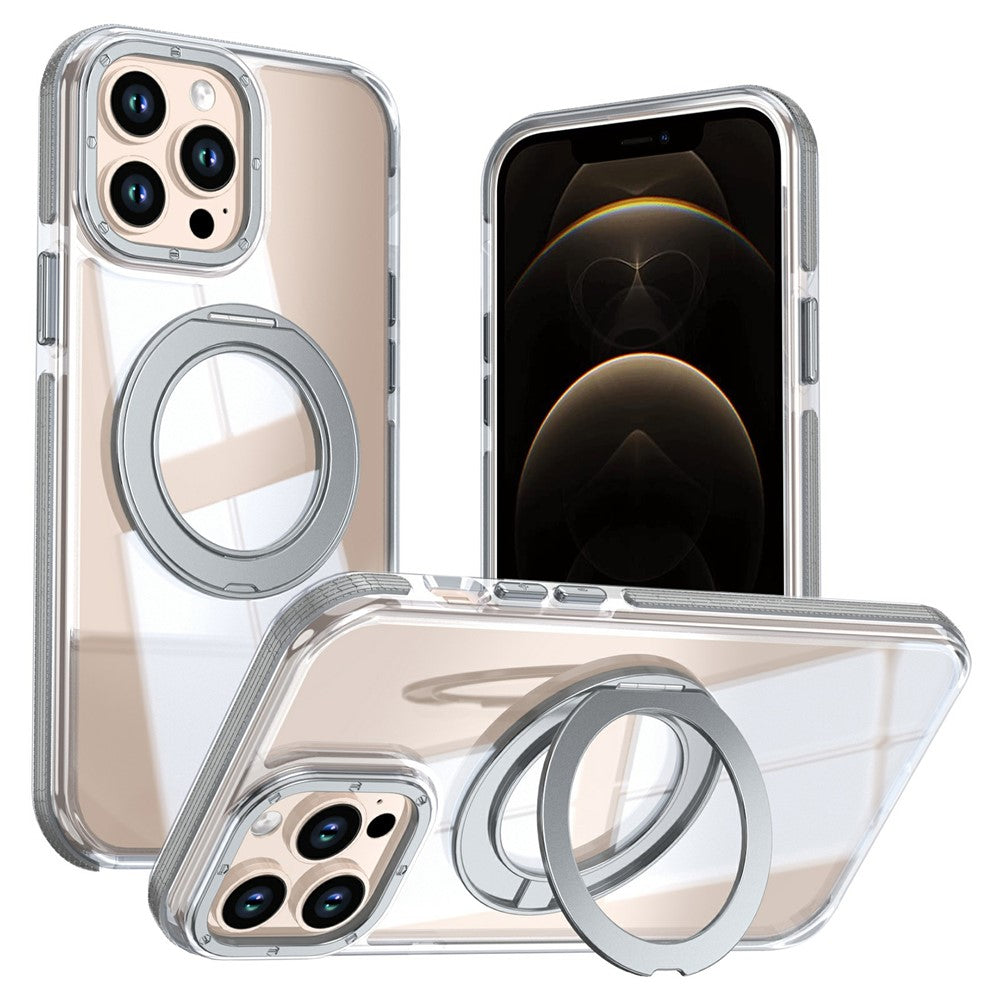 For iPhone 13 Pro Max Magnetic Case Rotating Ring Kickstand Dual Color Acrylic + TPU Clear Phone Cover