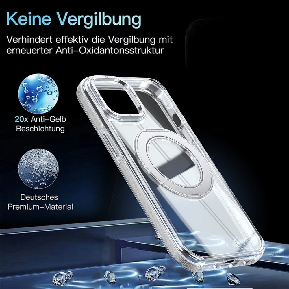 For iPhone 15 Magnetic Case Rotating Ring Kickstand Dual Color Acrylic + TPU Clear Phone Cover