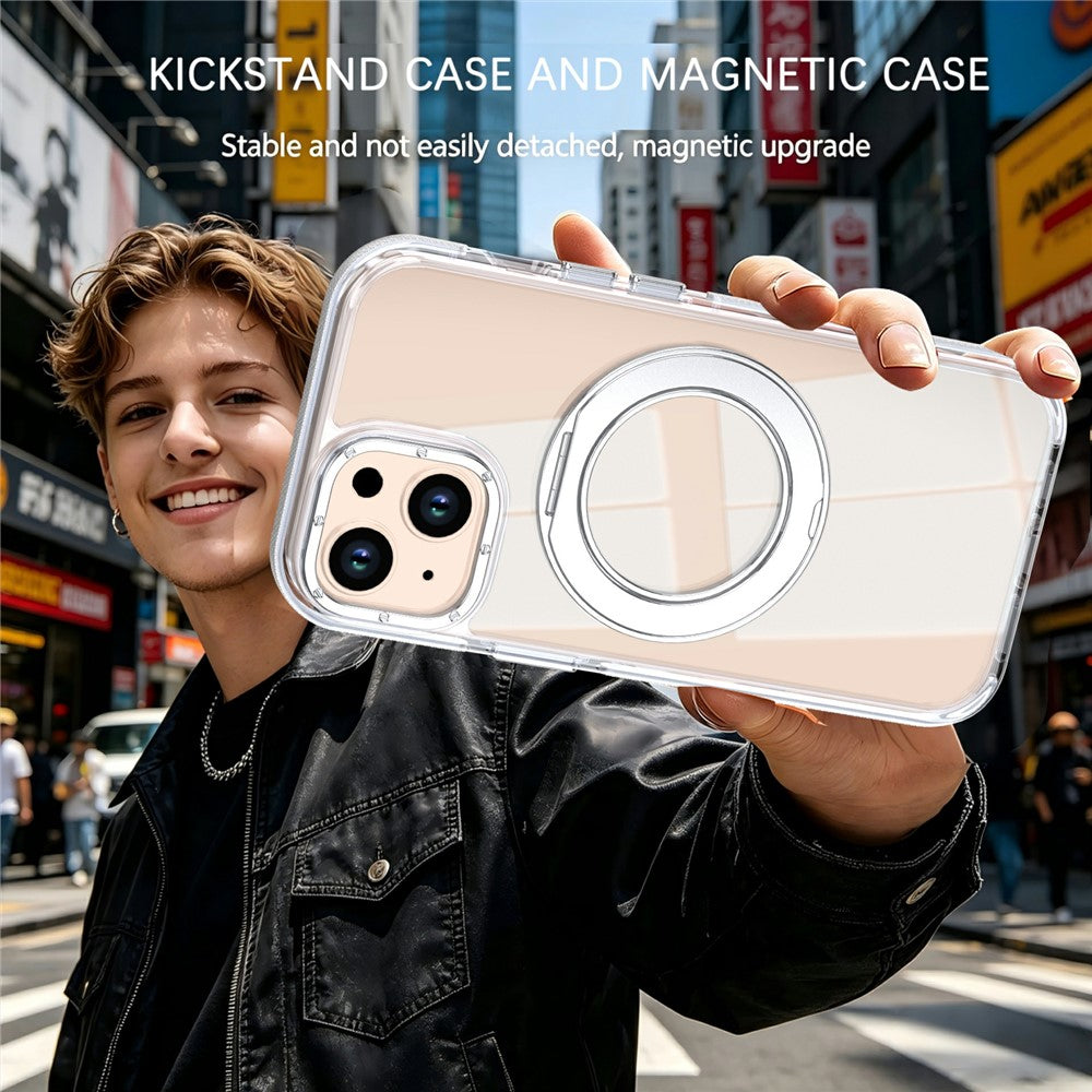 For iPhone 15 Magnetic Case Rotating Ring Kickstand Dual Color Acrylic + TPU Clear Phone Cover