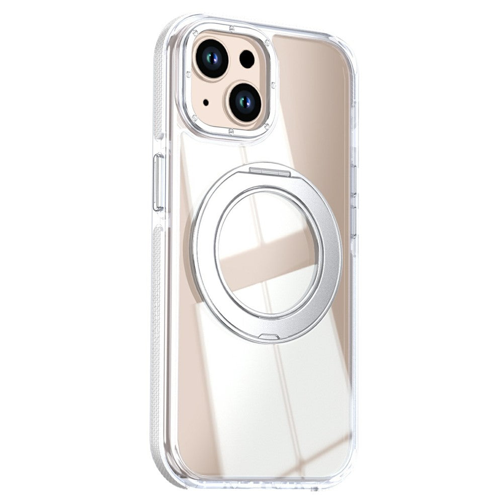 For iPhone 15 Magnetic Case Rotating Ring Kickstand Dual Color Acrylic + TPU Clear Phone Cover