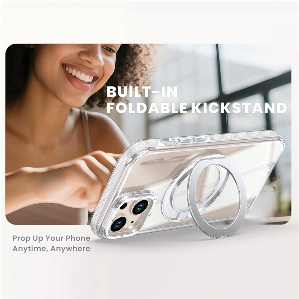 For iPhone 15 Magnetic Case Rotating Ring Kickstand Dual Color Acrylic + TPU Clear Phone Cover