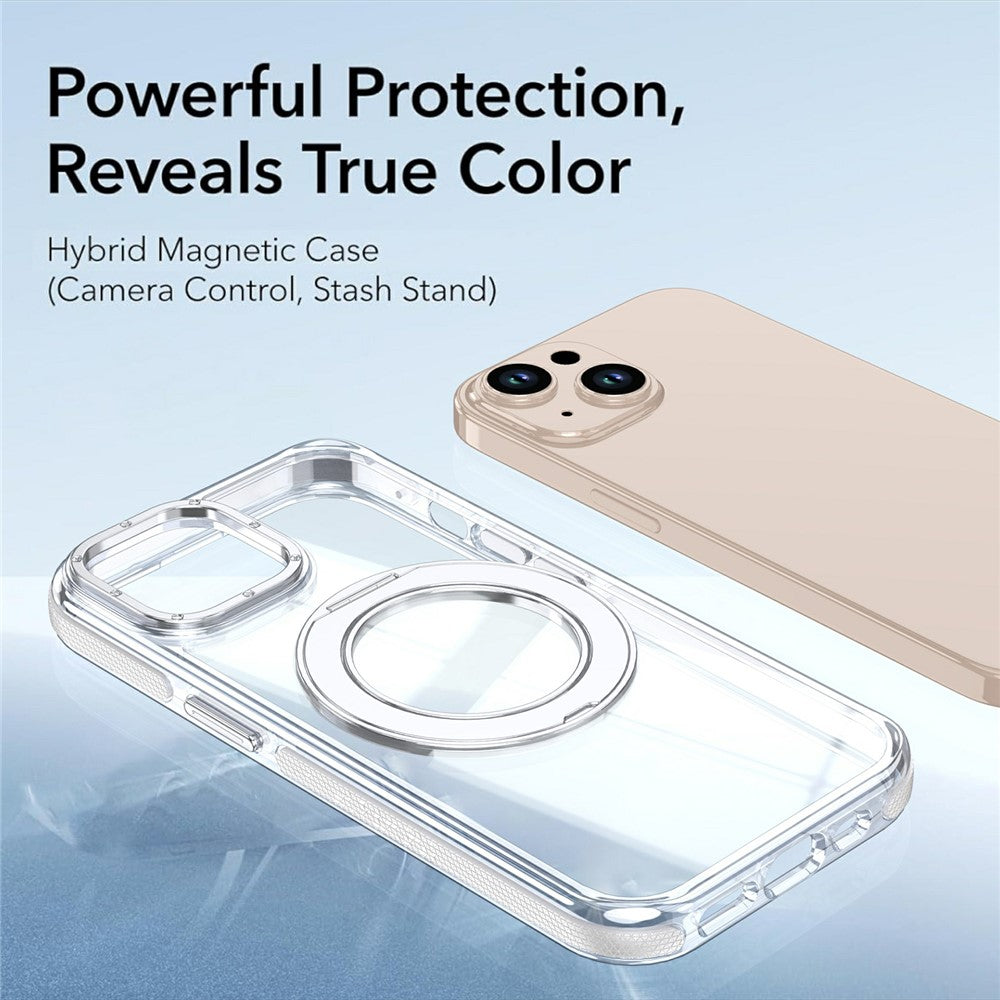 For iPhone 15 Magnetic Case Rotating Ring Kickstand Dual Color Acrylic + TPU Clear Phone Cover