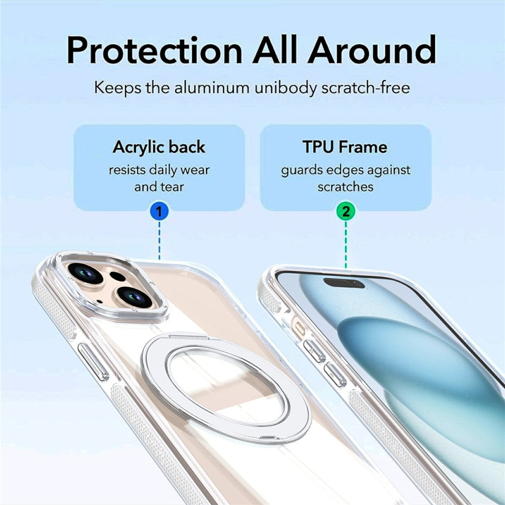 For iPhone 15 Magnetic Case Rotating Ring Kickstand Dual Color Acrylic + TPU Clear Phone Cover