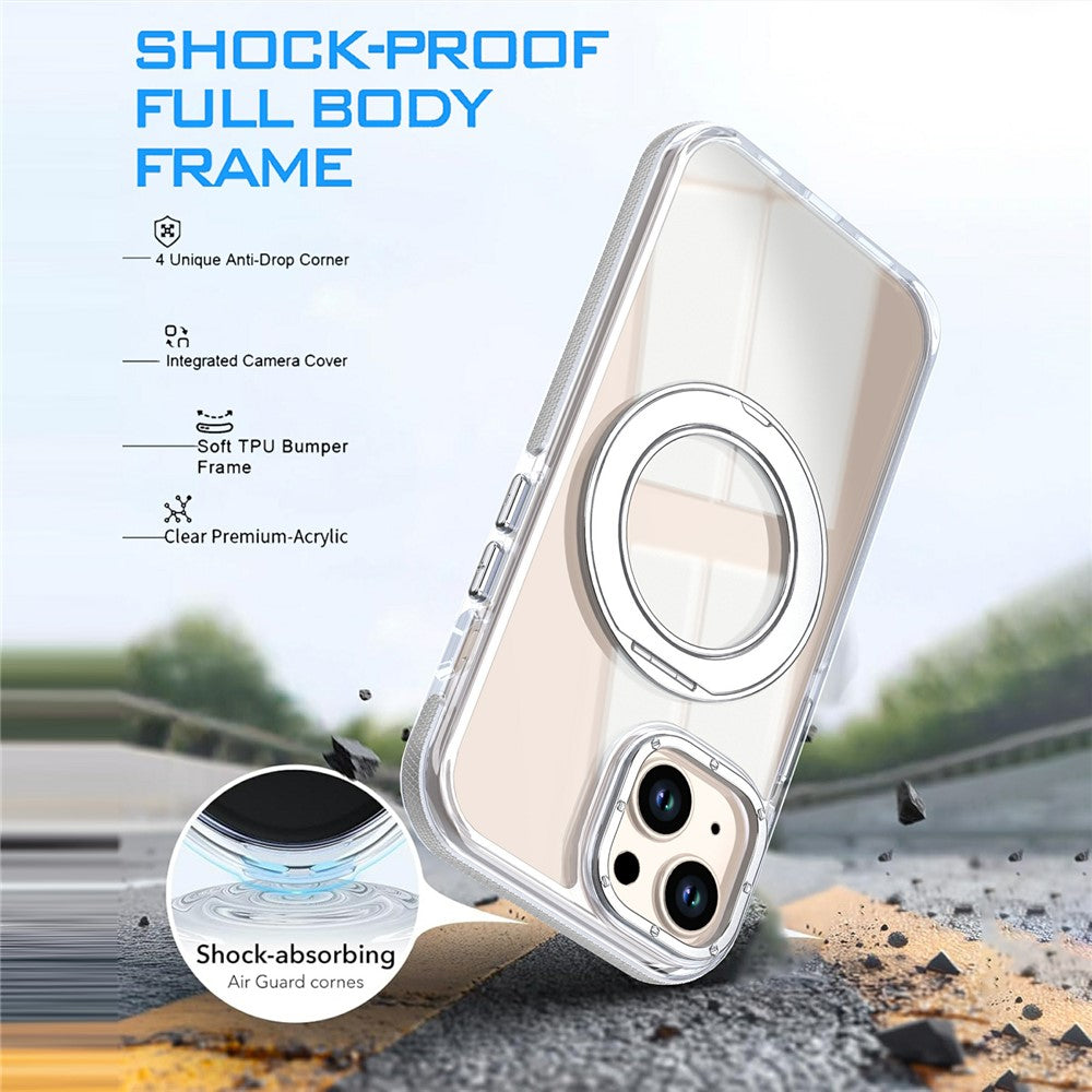 For iPhone 15 Magnetic Case Rotating Ring Kickstand Dual Color Acrylic + TPU Clear Phone Cover