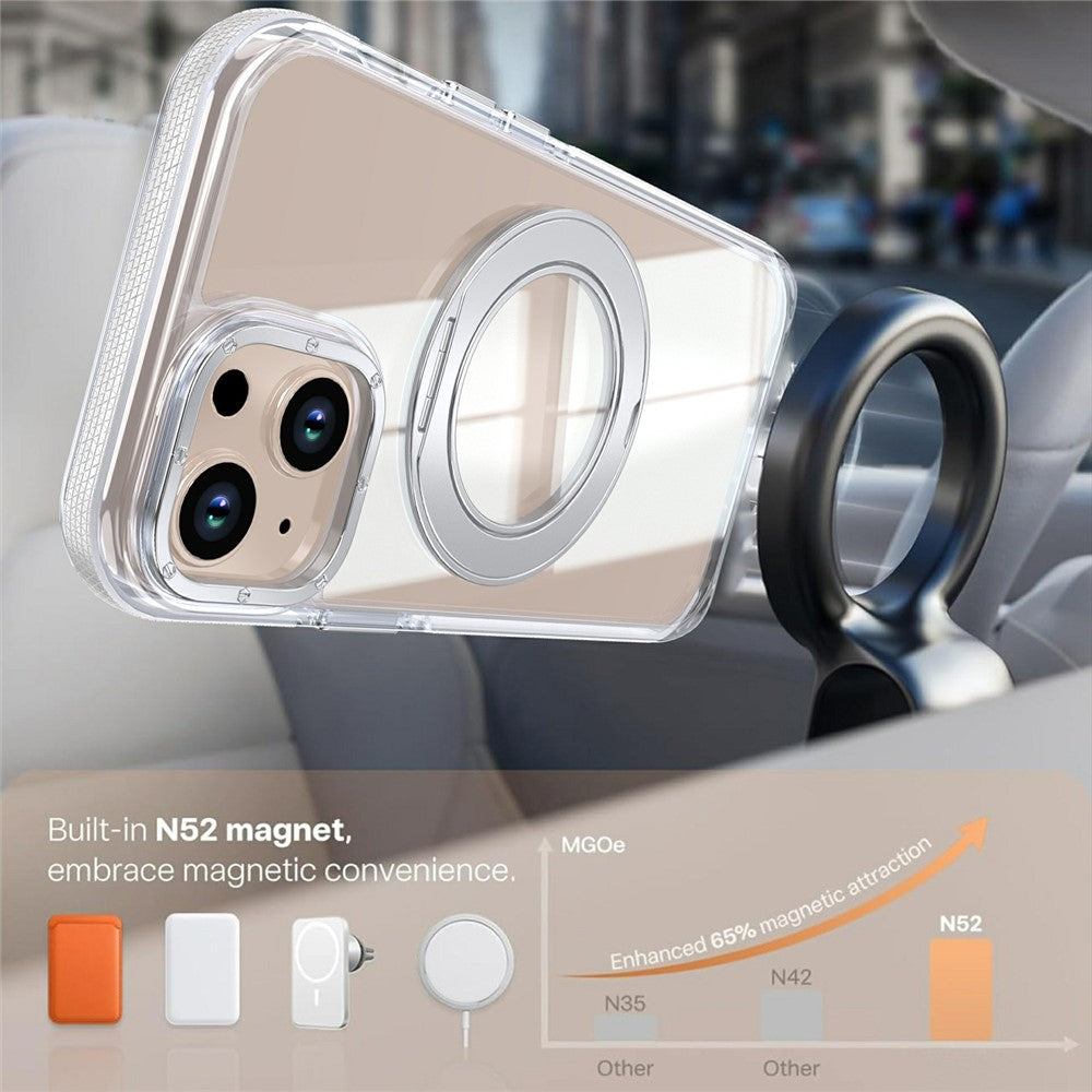 For iPhone 15 Magnetic Case Rotating Ring Kickstand Dual Color Acrylic + TPU Clear Phone Cover