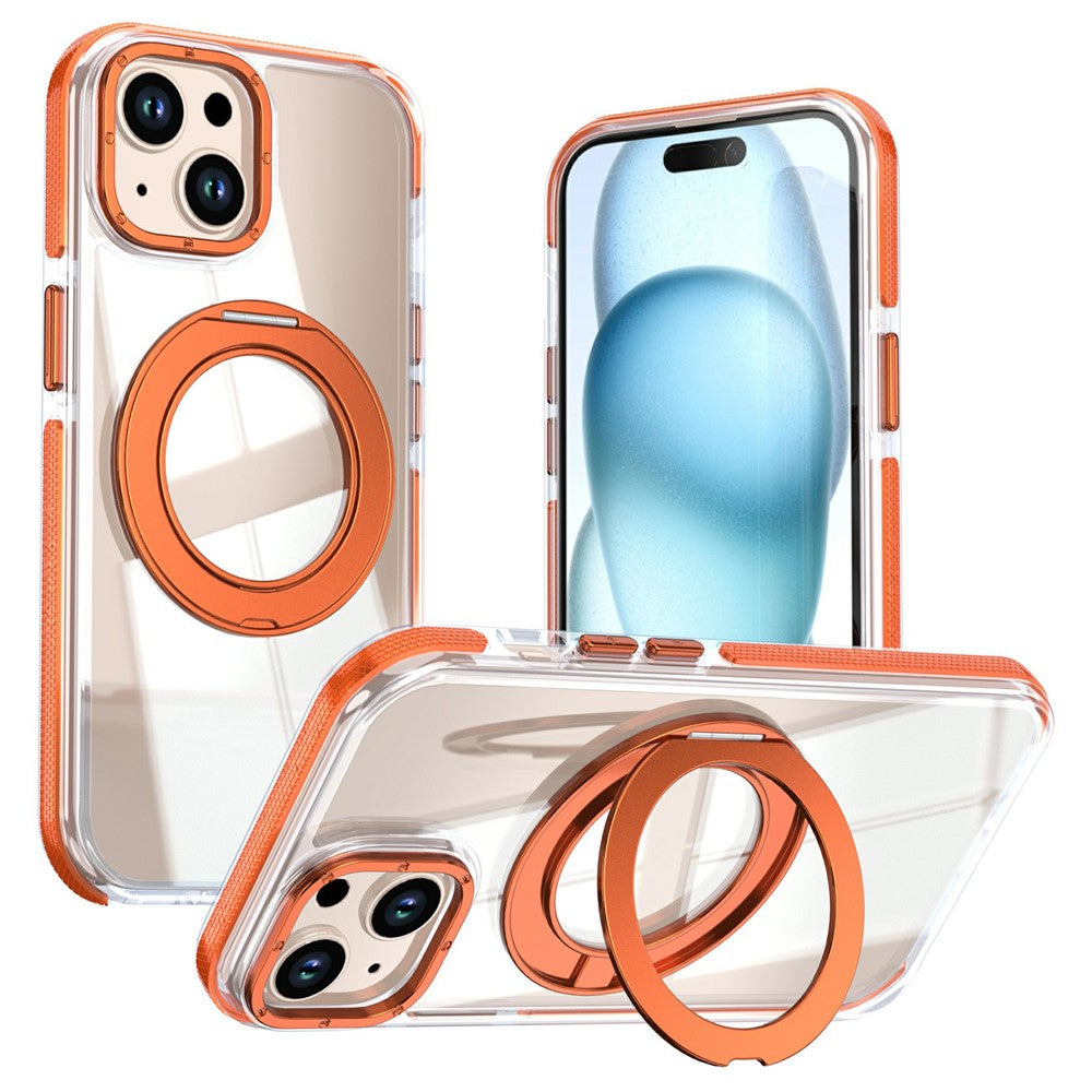 Til iPhone 15 Magnetisk Cover Roterende Ring Kickstand Dobbeltfarvet Akryl + TPU Gennemsigtigt Telefoncover