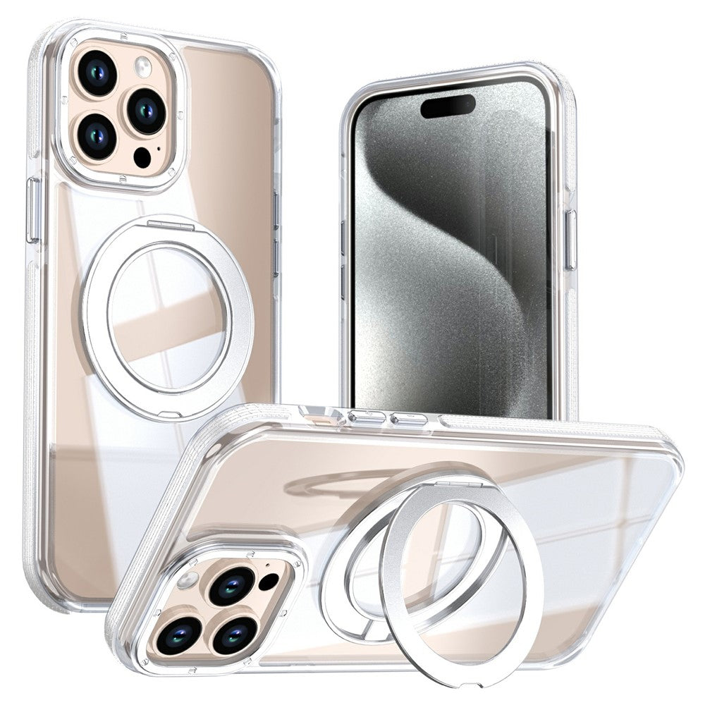 For iPhone 15 Pro Max Magnetic Case Rotating Ring Kickstand Dual Color Acrylic + TPU Clear Phone Cover