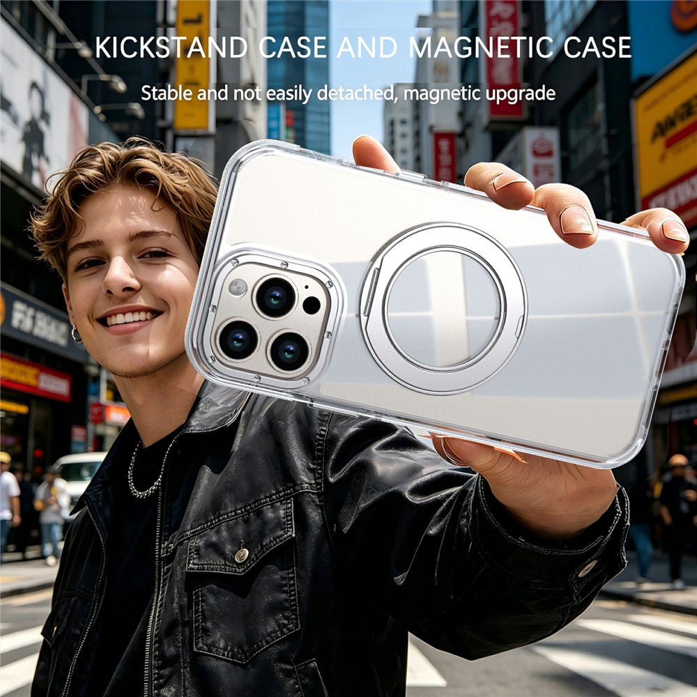 For iPhone 15 Pro Max Magnetic Case Rotating Ring Kickstand Dual Color Acrylic + TPU Clear Phone Cover