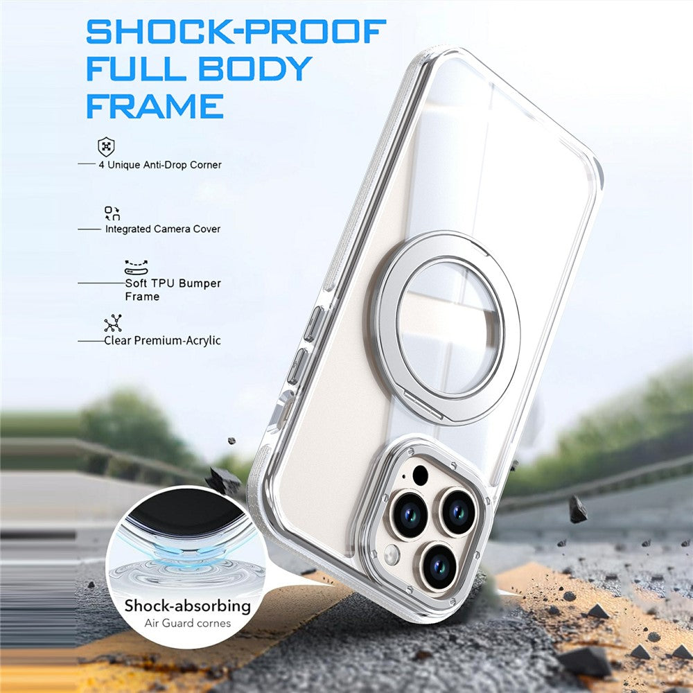 For iPhone 15 Pro Max Magnetic Case Rotating Ring Kickstand Dual Color Acrylic + TPU Clear Phone Cover