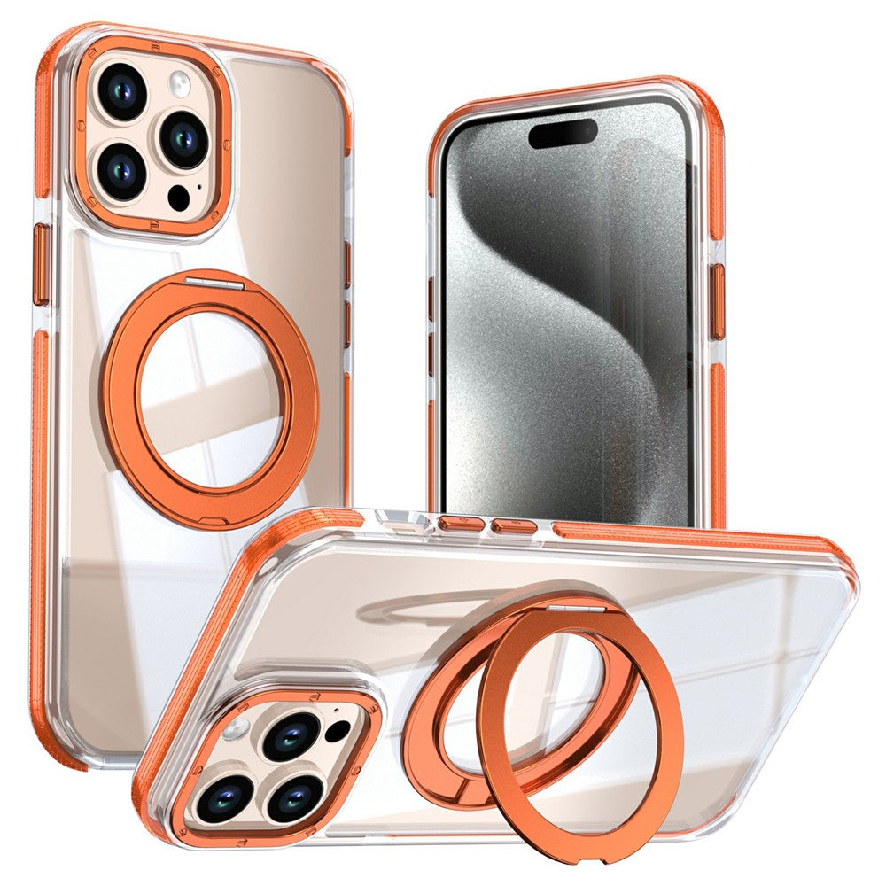 For iPhone 15 Pro Max Magnetic Case Rotating Ring Kickstand Dual Color Acrylic + TPU Clear Phone Cover
