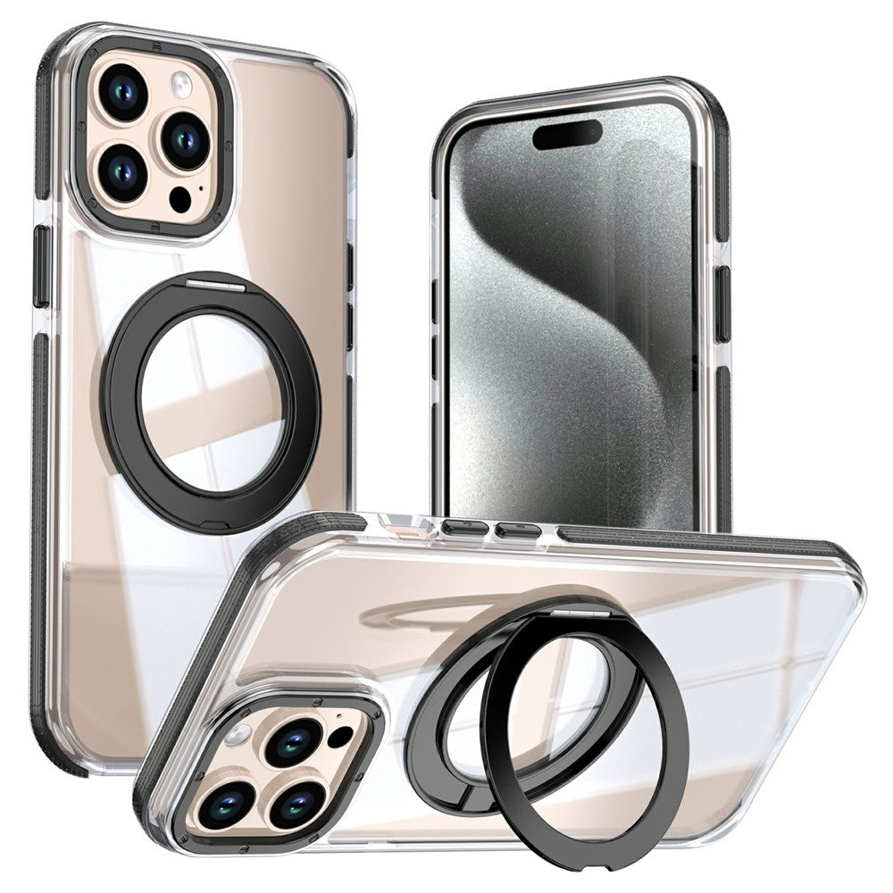 For iPhone 15 Pro Max Magnetic Case Rotating Ring Kickstand Dual Color Acrylic + TPU Clear Phone Cover