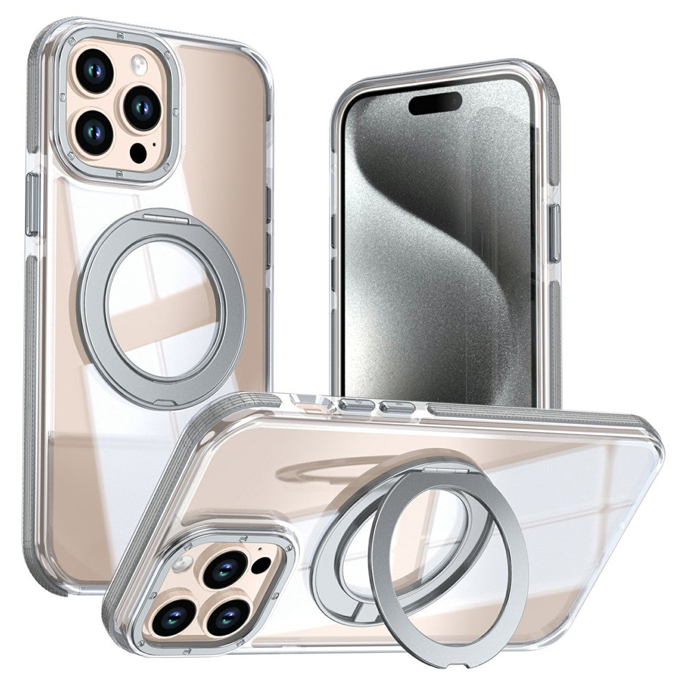 For iPhone 15 Pro Max Magnetic Case Rotating Ring Kickstand Dual Color Acrylic + TPU Clear Phone Cover