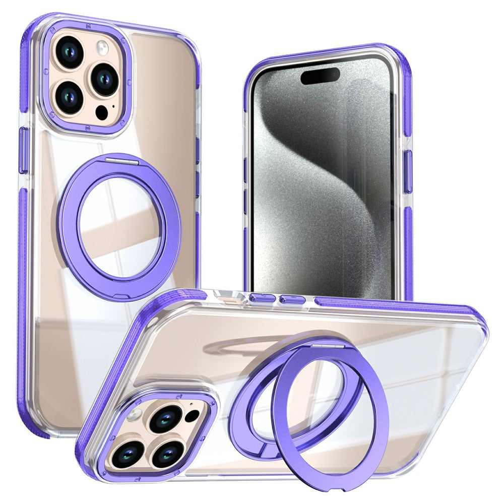 For iPhone 15 Pro Max Magnetic Case Rotating Ring Kickstand Dual Color Acrylic + TPU Clear Phone Cover