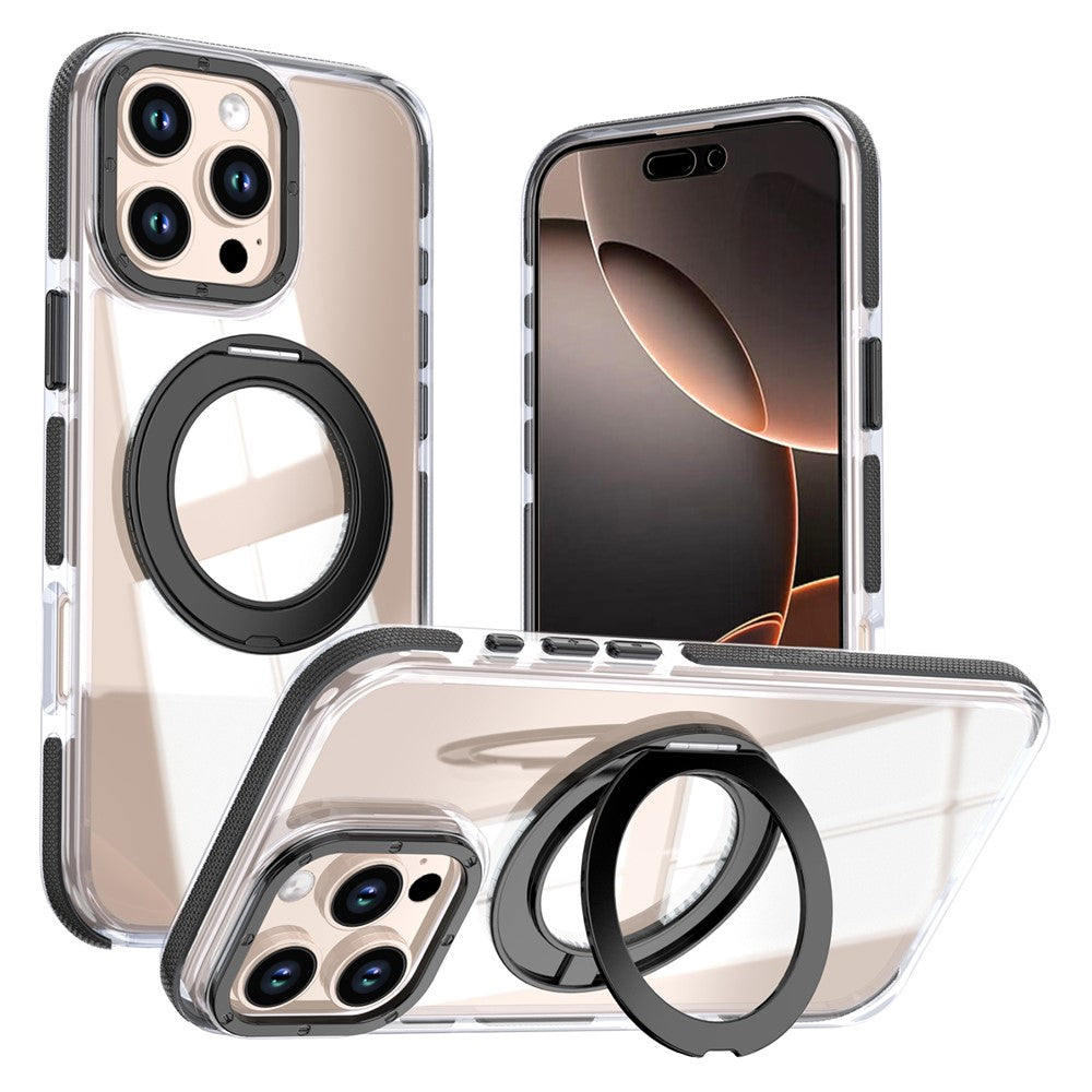 Magnetiskt skal för iPhone 16 Pro, roterande ring, stöd, tvåfärgat akryl + TPU, genomskinligt mobilskal
