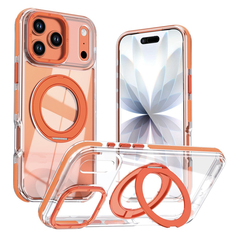 For iPhone 17 Pro Magnetic Case Rotating Ring Kickstand Dual Color Acrylic + TPU Clear Phone Cover