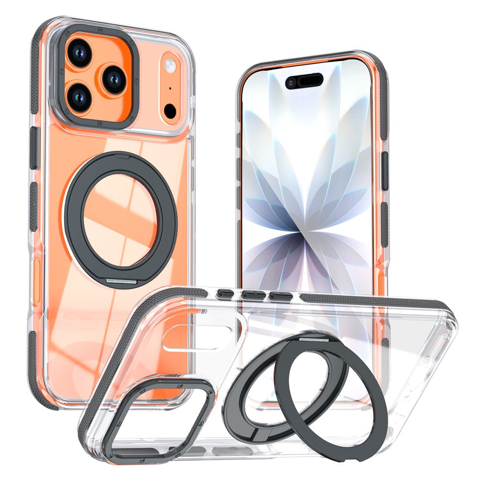 For iPhone 17 Pro Magnetic Case Rotating Ring Kickstand Dual Color Acrylic + TPU Clear Phone Cover