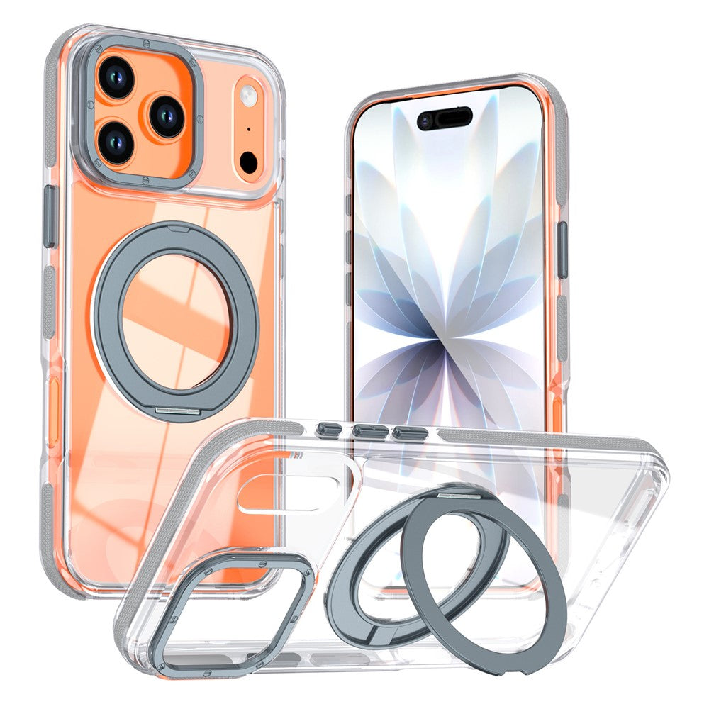 For iPhone 17 Pro Magnetic Case Rotating Ring Kickstand Dual Color Acrylic + TPU Clear Phone Cover