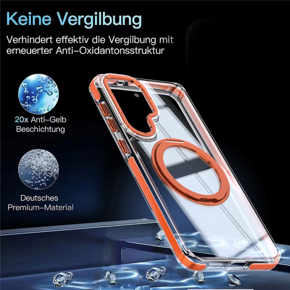 Til Samsung Galaxy S26+ Magnetisk Cover Roterende Ring Kickstand Dobbeltfarvet Akryl + TPU Gennemsigtigt Telefoncover