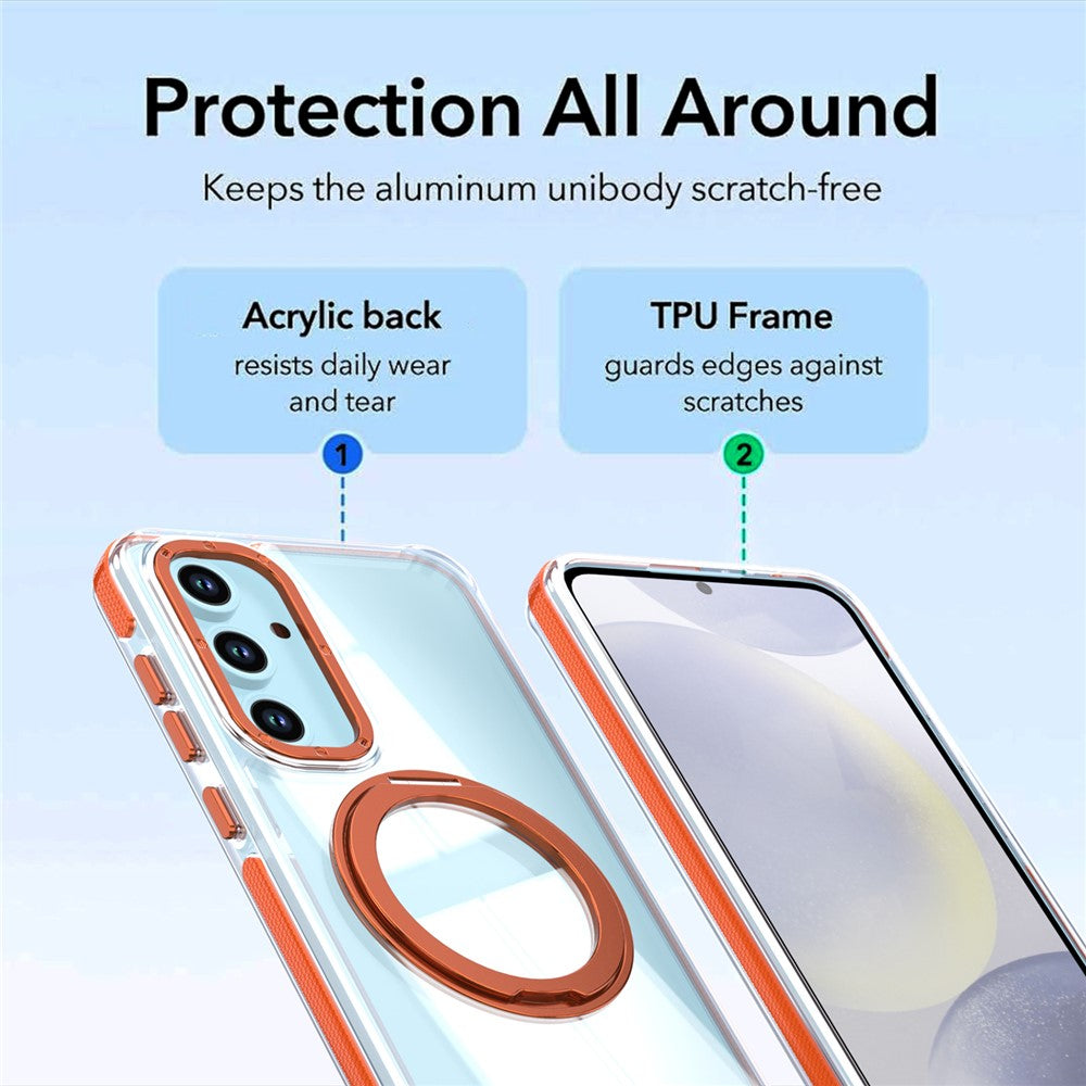 For Samsung Galaxy S24 FE Magnetic Case Rotating Ring Kickstand Dual Color Acrylic + TPU Clear Phone Cover
