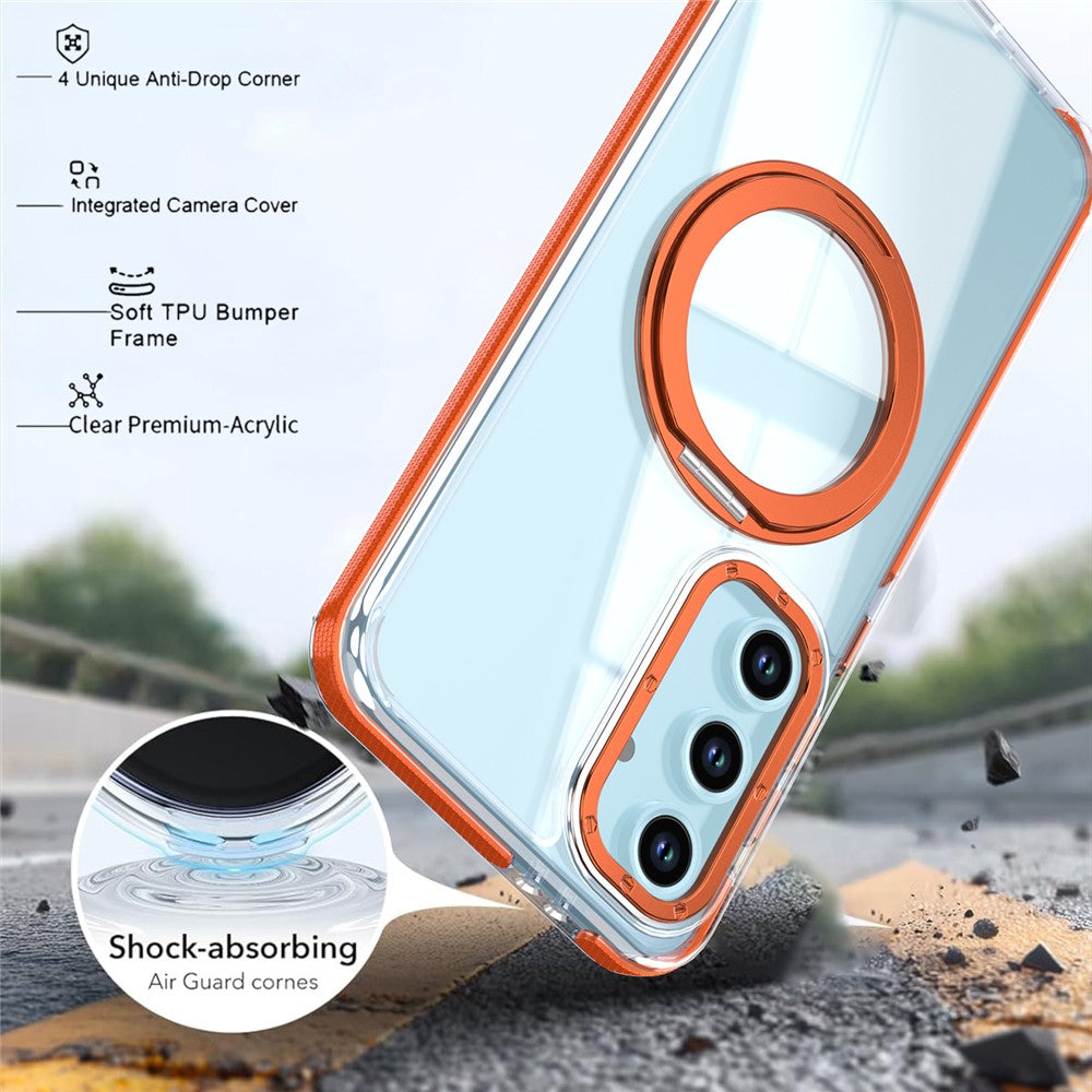 For Samsung Galaxy S24 FE Magnetic Case Rotating Ring Kickstand Dual Color Acrylic + TPU Clear Phone Cover